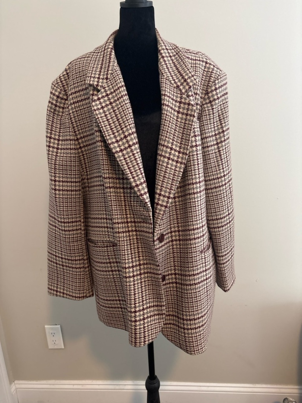 VINTAGE OVERSIZED Jones New York 100% Wool Blazer Houndstooth Plaid Jacket